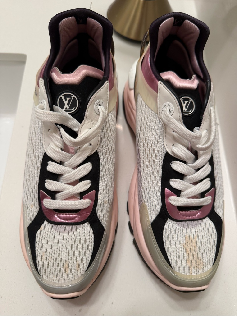 LOUIS VUITTON Mix Materials Suede Calfskin Run 55 Sneakers 38.5 Pink